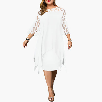 Women's Plus Size Elegant Midi Dress with Sheer Sleeves – Modern Party and Evening Style