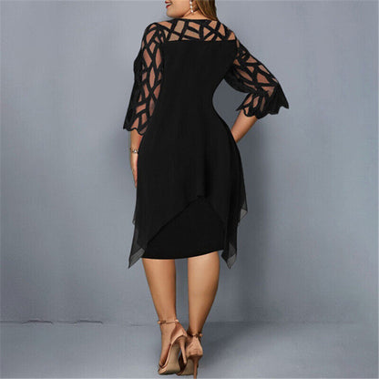 Women's Plus Size Elegant Midi Dress with Sheer Sleeves – Modern Party and Evening Style