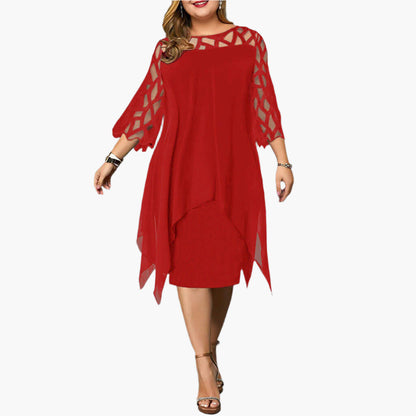 Women's Plus Size Elegant Midi Dress with Sheer Sleeves – Modern Party and Evening Style