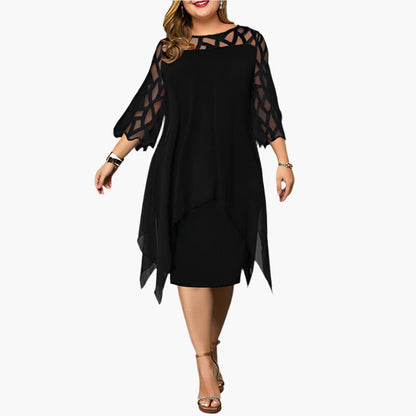 Women's Plus Size Elegant Midi Dress with Sheer Sleeves – Modern Party and Evening Style
