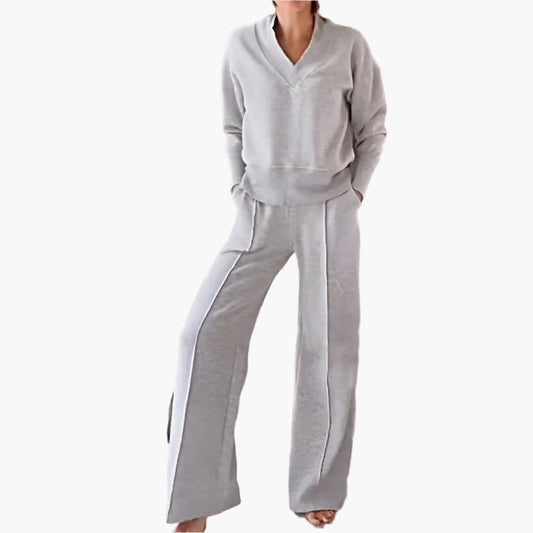 Women's 2-Piece Lounge and Sportswear Set with V-Neck Top and Wide-Leg Pants – Casual Comfort Outfit