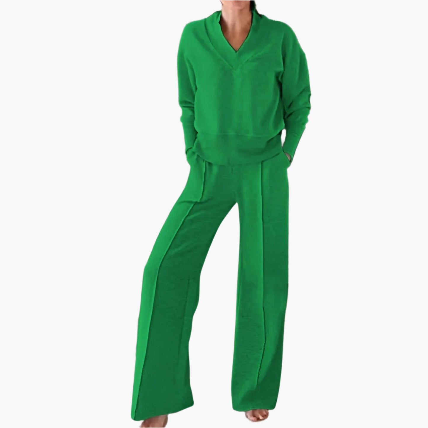 Women's 2-Piece Lounge and Sportswear Set with V-Neck Top and Wide-Leg Pants – Casual Comfort Outfit