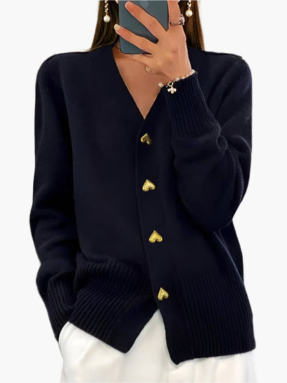 Women's Heart Button V-Neck Cardigan – Casual Elegant Winter Sweater