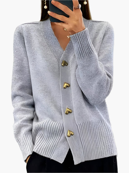 Women's Heart Button V-Neck Cardigan – Casual Elegant Winter Sweater