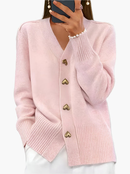 Women's Heart Button V-Neck Cardigan – Casual Elegant Winter Sweater