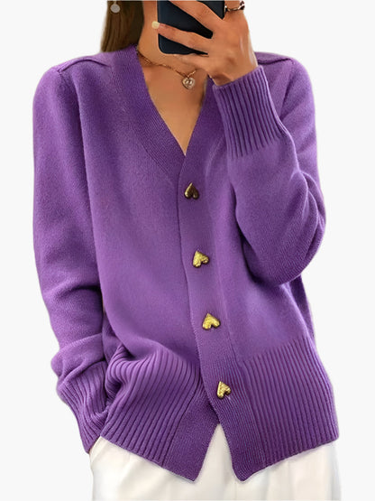 Women's Heart Button V-Neck Cardigan – Casual Elegant Winter Sweater