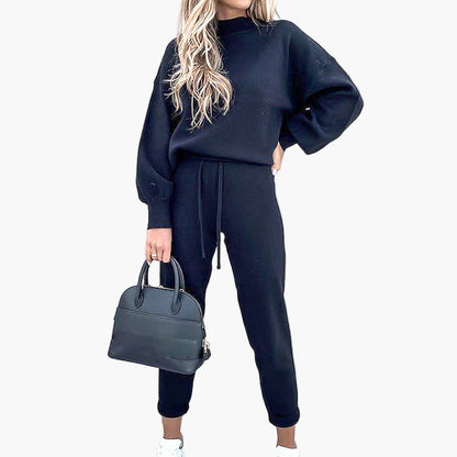 Women's Cozy Two-Piece Lounge Set with High Waist Pants and Turtleneck Top - Casual Relaxed Fit