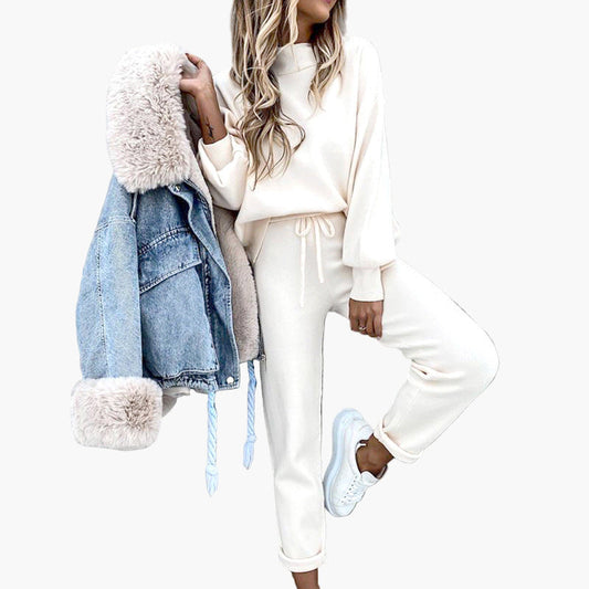 Women's Cozy Two-Piece Lounge Set with High Waist Pants and Turtleneck Top - Casual Relaxed Fit