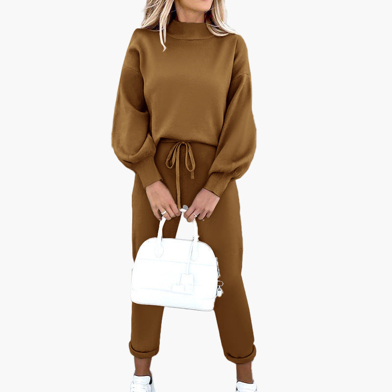 Women's Cozy Two-Piece Lounge Set with High Waist Pants and Turtleneck Top - Casual Relaxed Fit