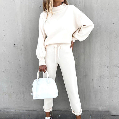 Women's Cozy Two-Piece Lounge Set with High Waist Pants and Turtleneck Top - Casual Relaxed Fit