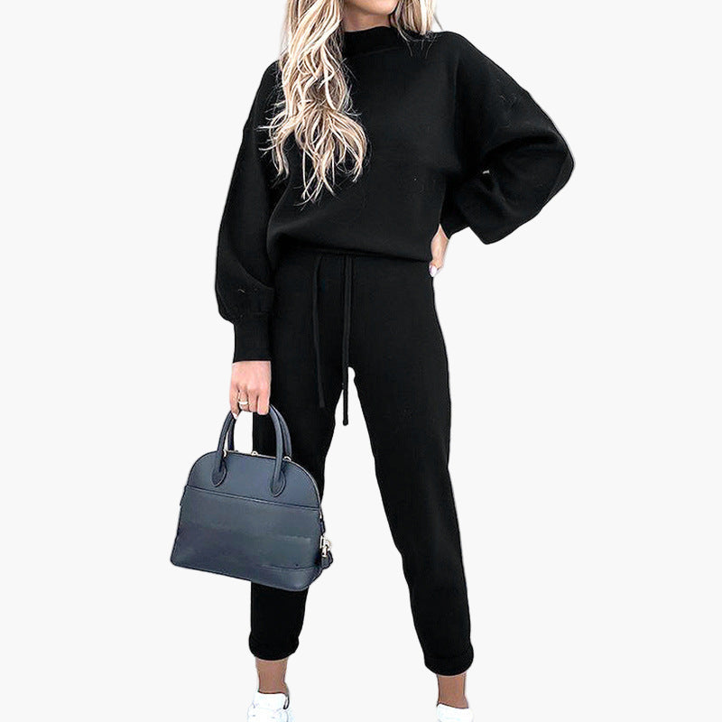 Women's Cozy Two-Piece Lounge Set with High Waist Pants and Turtleneck Top - Casual Relaxed Fit