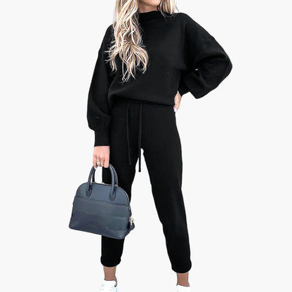 Women's Cozy Two-Piece Lounge Set with High Waist Pants and Turtleneck Top - Casual Relaxed Fit